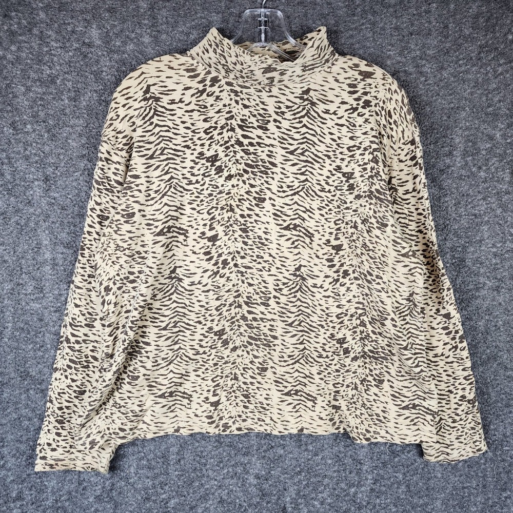 Studio Works Top Women L Tan Brown Animal Print Mock Neck Long Sleeve Cotton